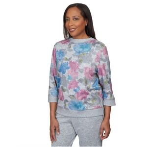 Alfred‎ Dunner Gray Floral 3/4 Sleeve Tunic Top Women's Size Petite Large